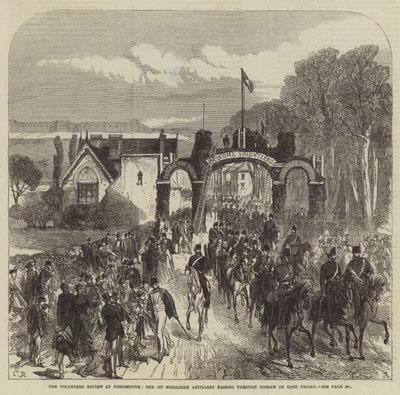 La Revue des Volontaires à Portsmouth, la 1ère Artillerie du Middlesex passant par Cosham le Vendredi Saint - Sir John Charles Robinson